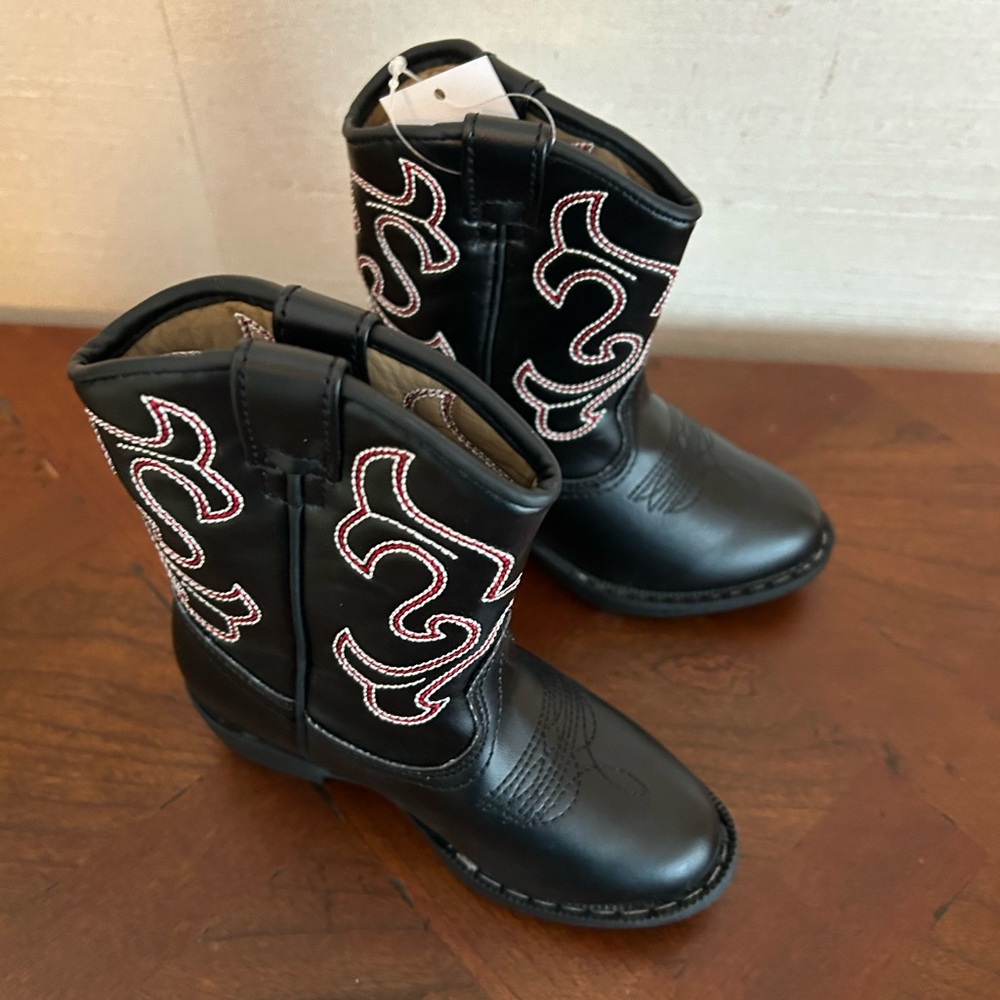 Toddler Black Western Cowboy Boots, Red and white Embroidery size 7 toddler -NEW - Picture 2 of 10
